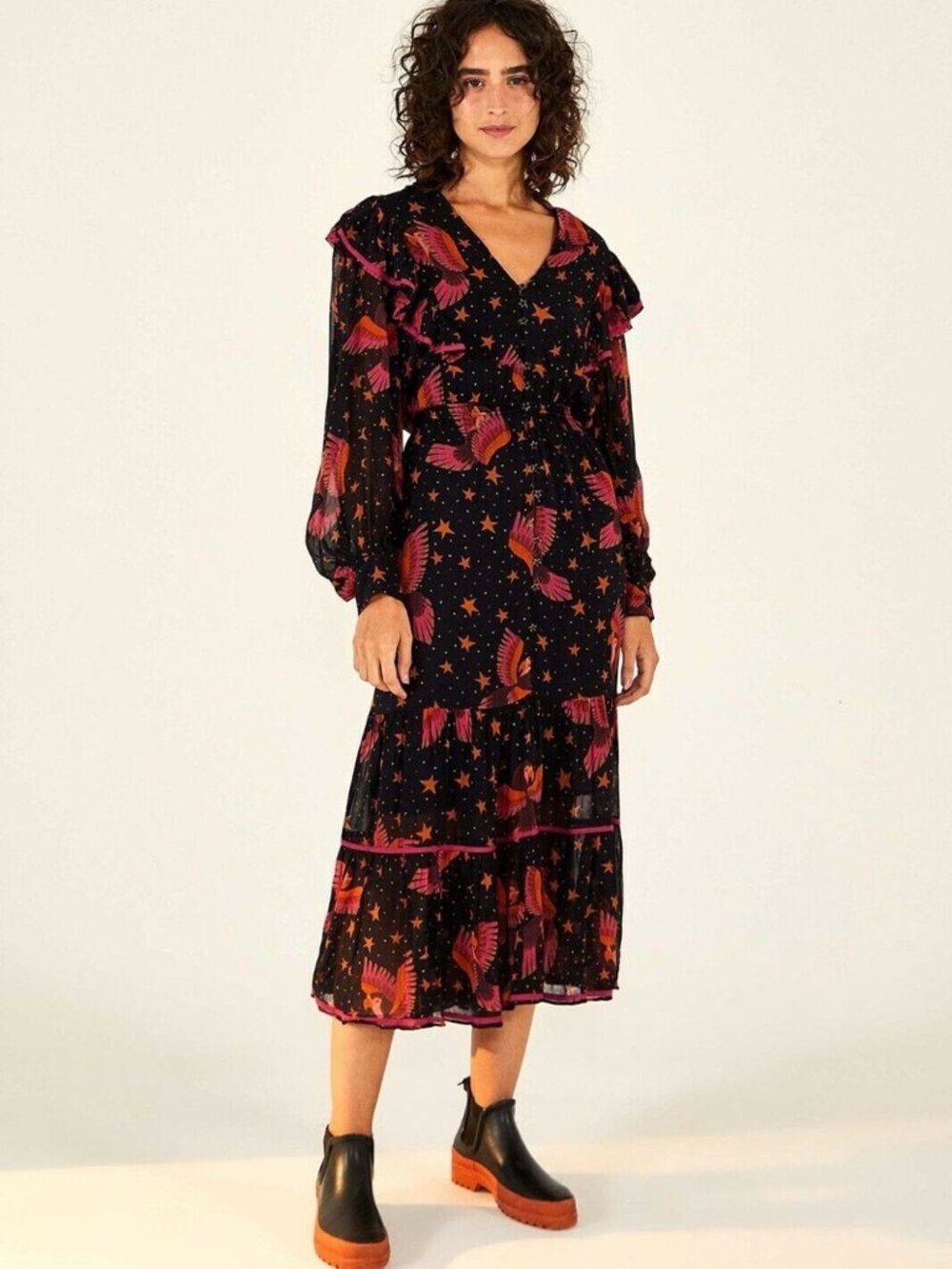 FARM Rio Black Midi Dress with Pink Floral & Star Print NWOT - Picture 2 of 14
